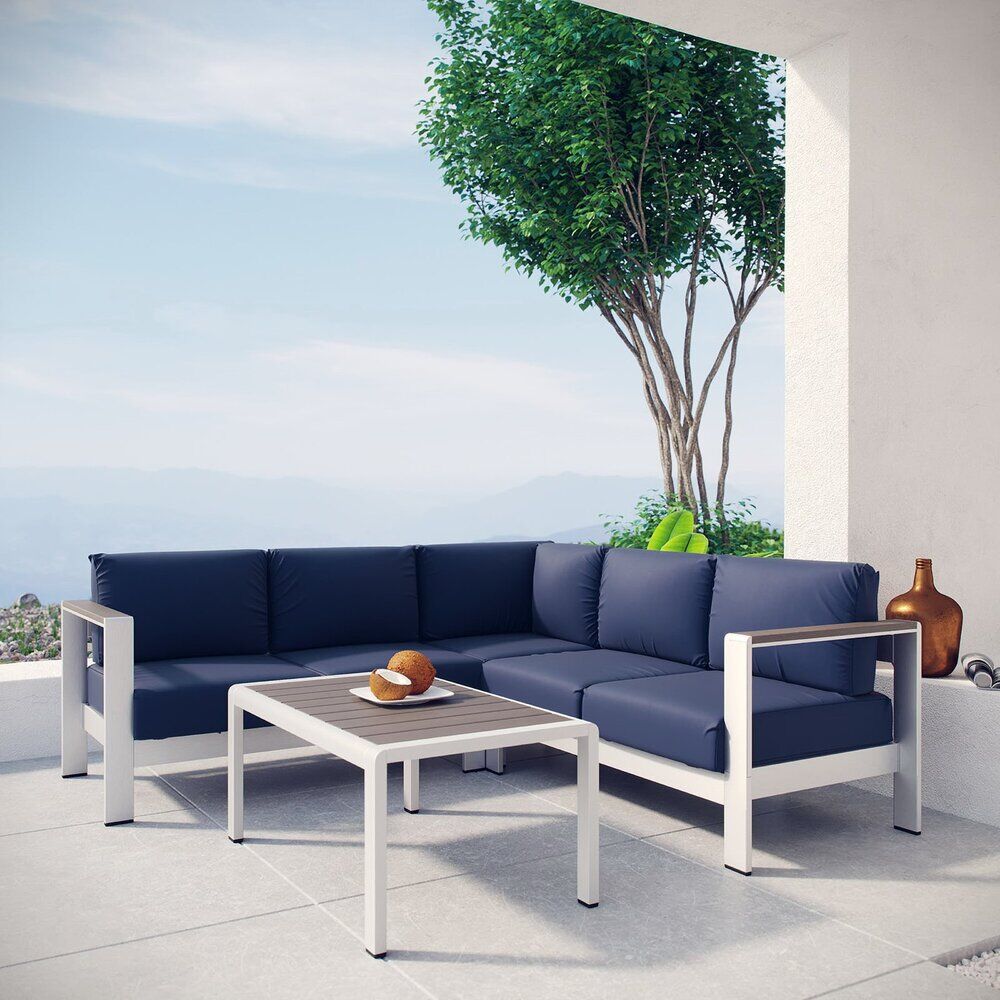 Shore 4 Piece Outdoor Patio Aluminum Sectional Sofa Set in Silver Navy by Modway - Image 6