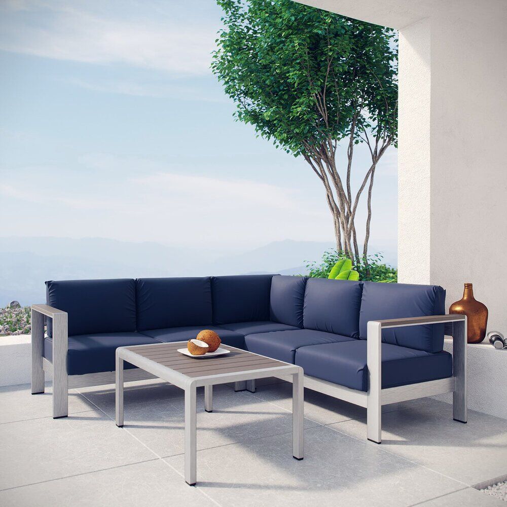 Shore 4 Piece Outdoor Patio Aluminum Sectional Sofa Set in Silver Navy by Modway - Image 7