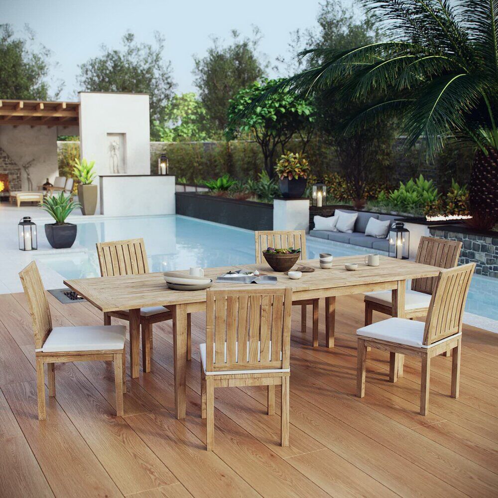 Marina 7 Piece Outdoor Patio Teak Dining Set in Natural White by Modway - Image 9