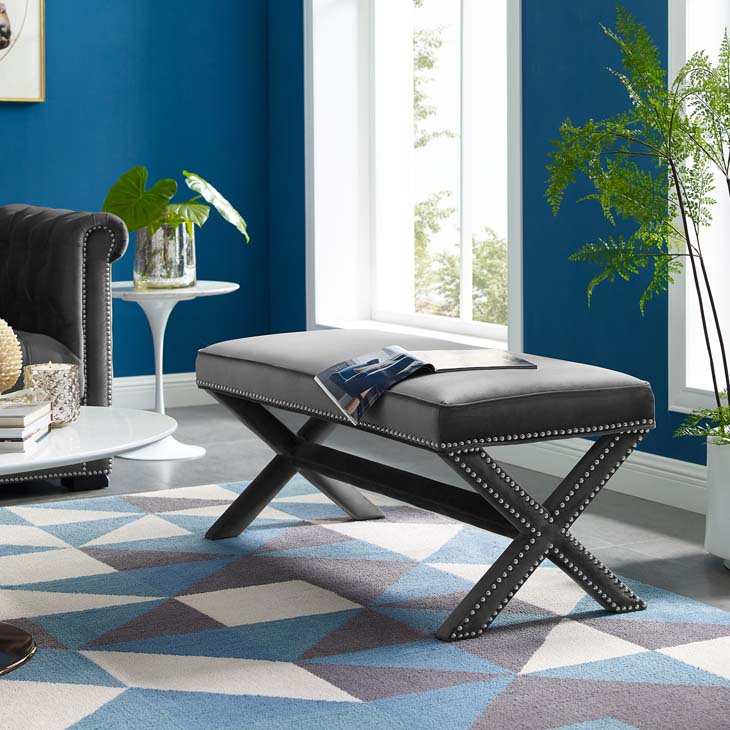 Rivet Upholstered Velvet Bench in Gray by Modway