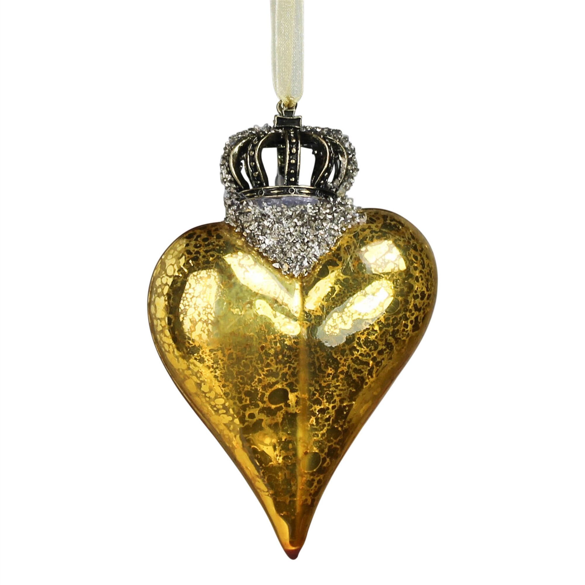 Crowned Gold Glass Heart Ornament Set of 2 by HomArt