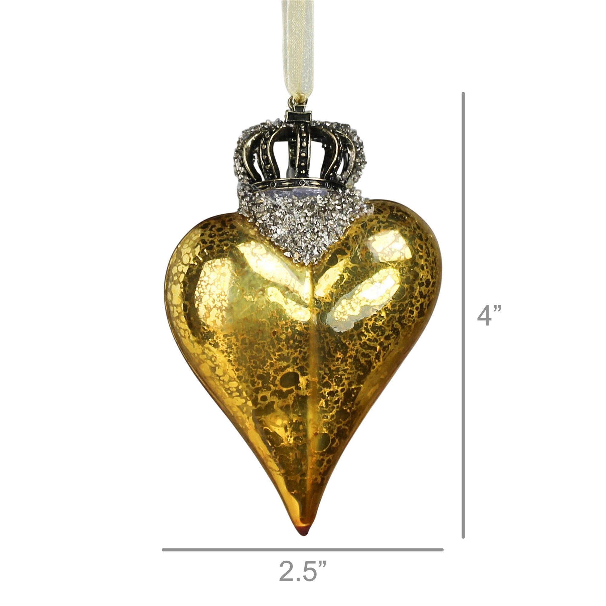 Crowned Gold Glass Heart Ornament Set of 2 by HomArt - Image 2