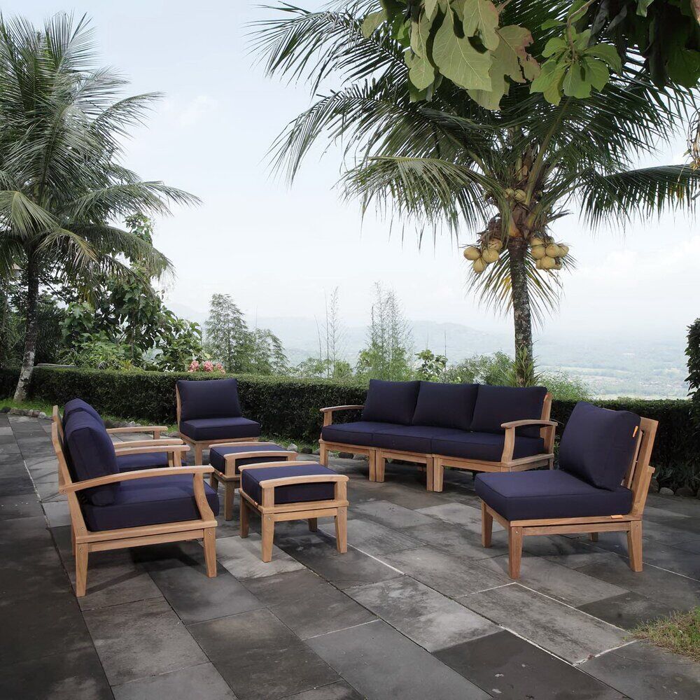 Marina 9 Piece Outdoor Patio Teak Set in Natural Navy by Modway - Image 11