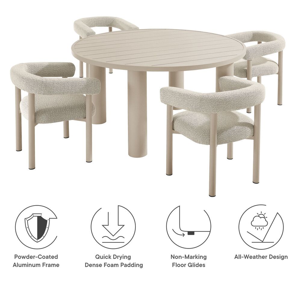 Nautica 5-Piece Round Outdoor Patio Aluminum Dining Table and Chairs Set in Ivory Taupe by Modway - Image 2
