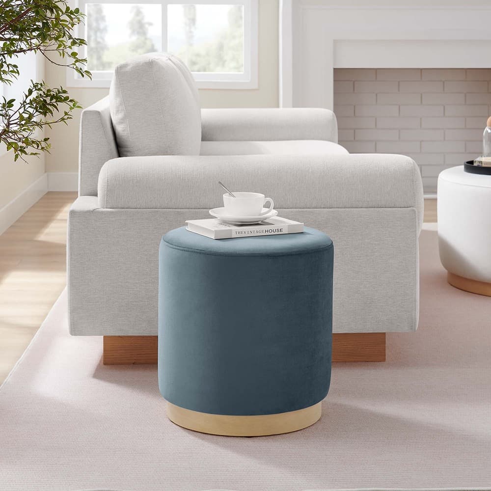 Tilden 16" Round Performance Velvet Upholstered Ottoman in Cadet Blue Natural by Modway - Image 7