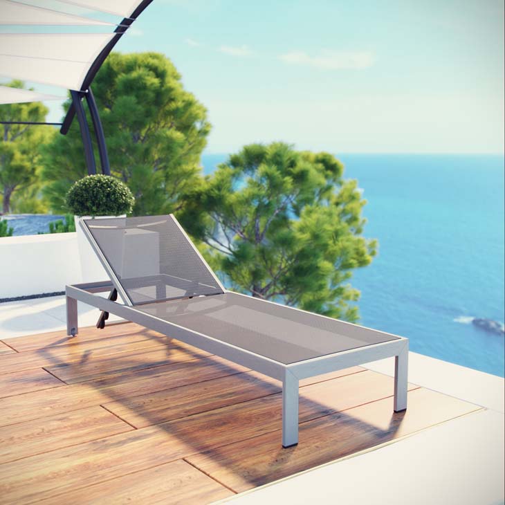 Shore Silver and Gray Outdoor Patio Aluminum Mesh Chaise by Modway