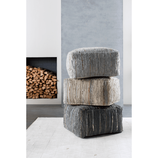 Beige and Ivory Anthracite Leather Pouf by Livabliss - Image 2