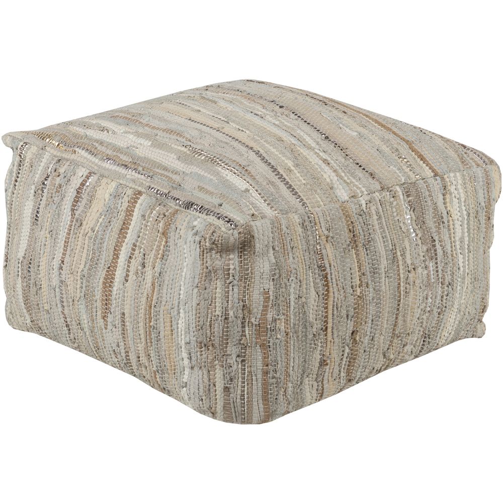 Beige and Ivory Anthracite Leather Pouf by Livabliss