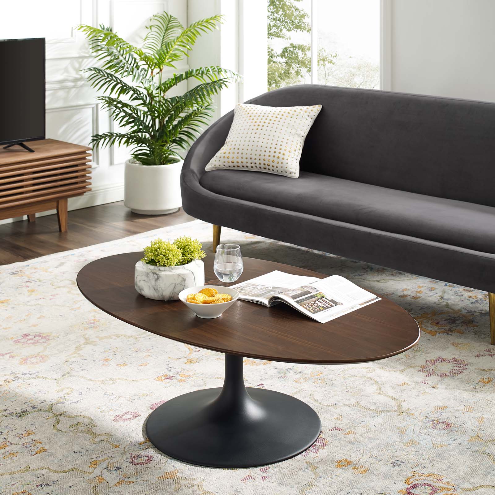 Lippa 48" Oval-Shaped Walnut Coffee Table in Black and Walnut by Modway - Image 2