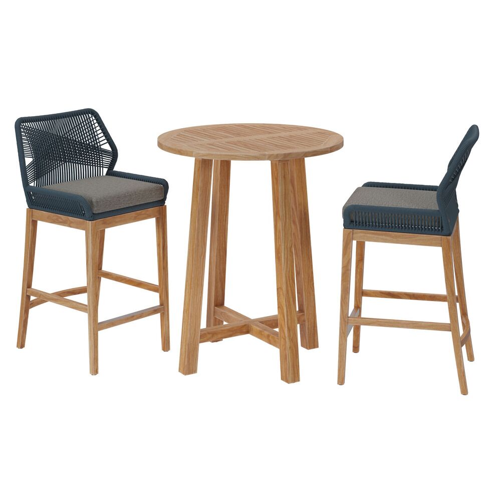 Wellspring 3-Piece Outdoor Patio Teak Wood Bar Set in Blue Graphite by Modway