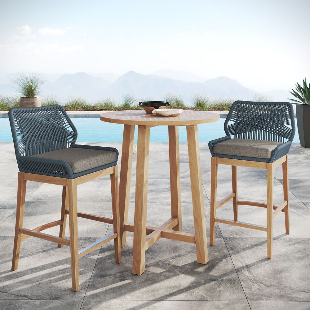 Wellspring 3-Piece Outdoor Patio Teak Wood Bar Set in Blue Graphite by Modway - Image 13