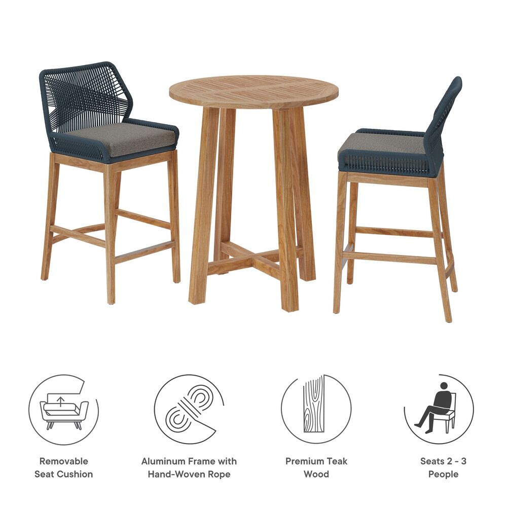 Wellspring 3-Piece Outdoor Patio Teak Wood Bar Set in Blue Graphite by Modway - Image 4