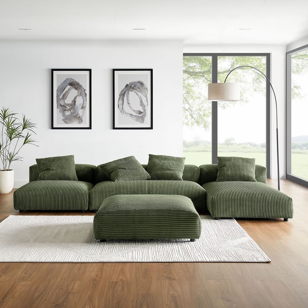 Solace 4-Piece Modular Corduroy Upholstered Sectional Sofa With Ottoman in Fern by Modway - Image 14