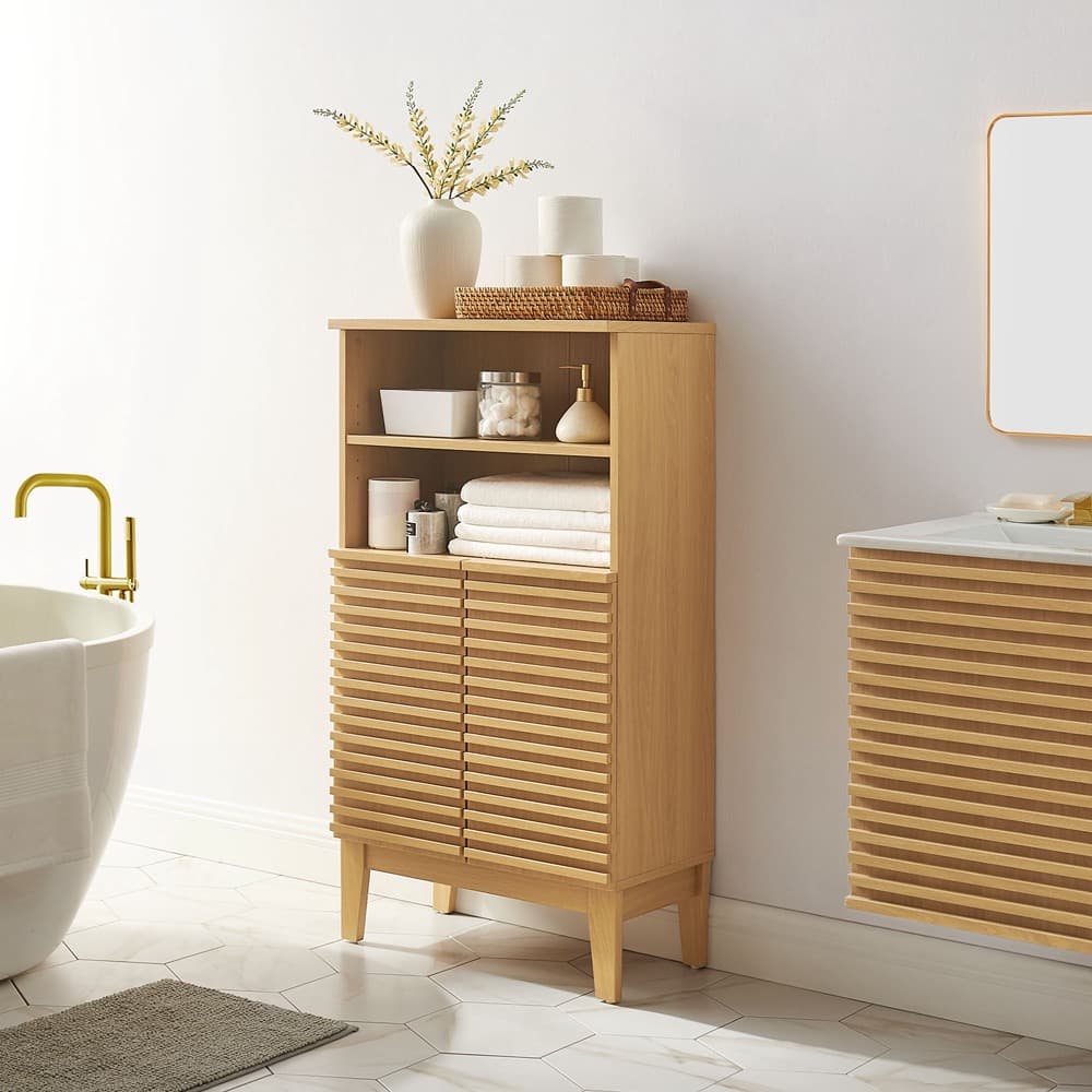 Render Freestanding Bathroom Storage Cabinet in Oak by Modway - Image 8