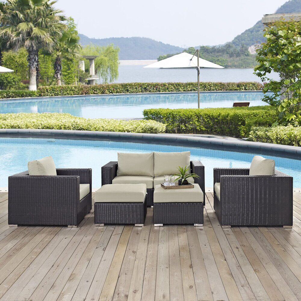 Convene 5 Piece Outdoor Patio Sofa Set in Espresso Beige by Modway - Image 7