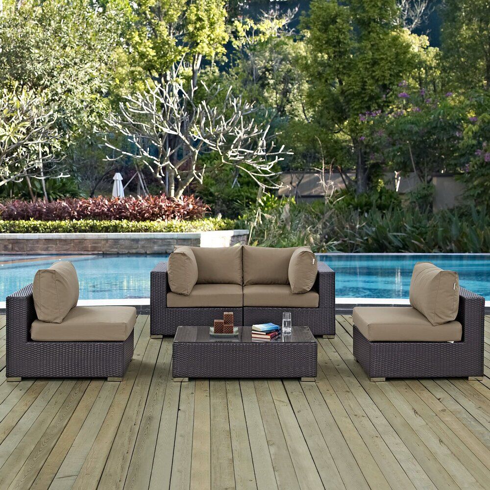 Convene 5 Piece Outdoor Patio Sectional Set in Espresso Mocha by Modway - Image 8