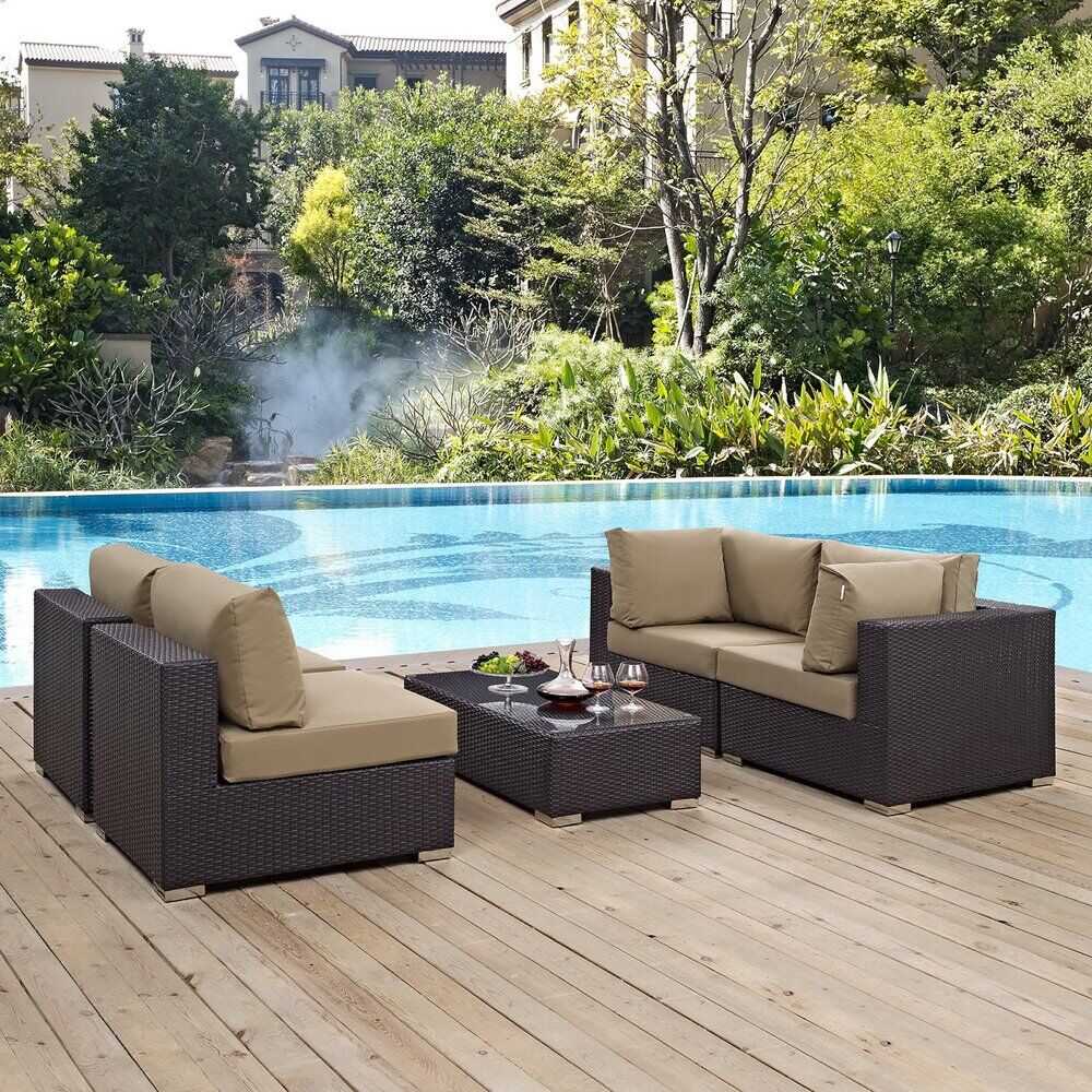 Convene 5 Piece Outdoor Patio Sectional Set in Espresso Mocha by Modway - Image 7