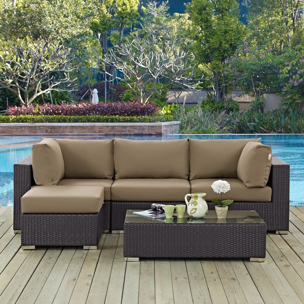 Convene 5 Piece Outdoor Patio Sectional Set in Espresso Mocha by Modway - Image 15