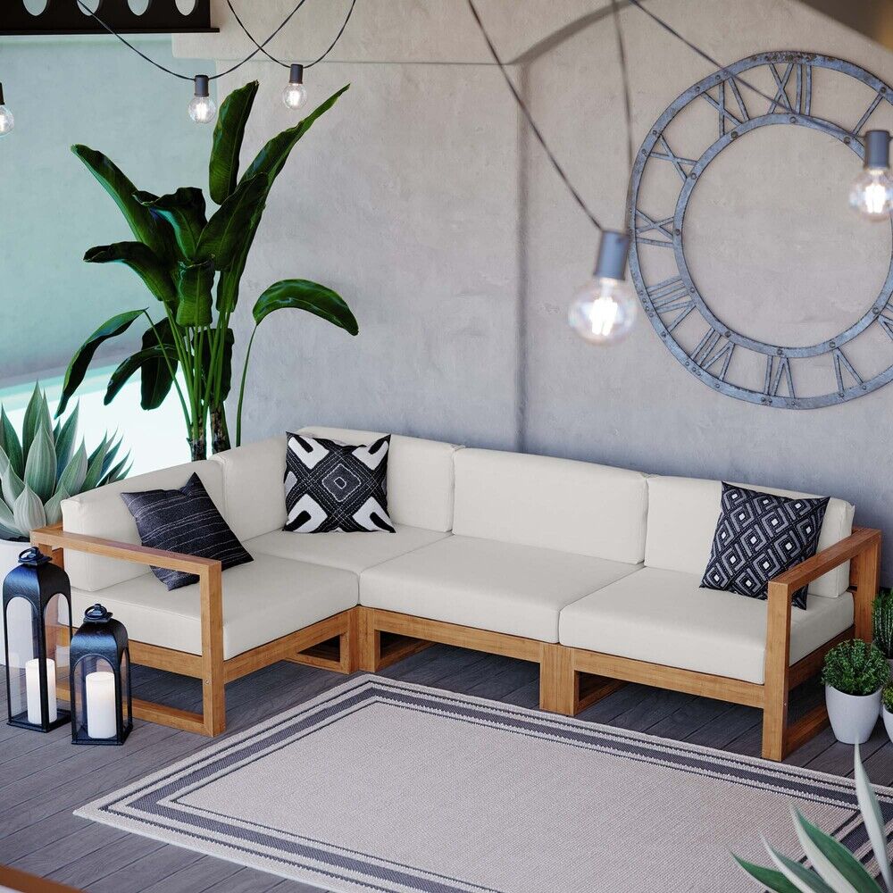 Upland 4-Piece Outdoor Patio Teak Wood Sectional Sofa Set in Natural White by Modway - Image 13