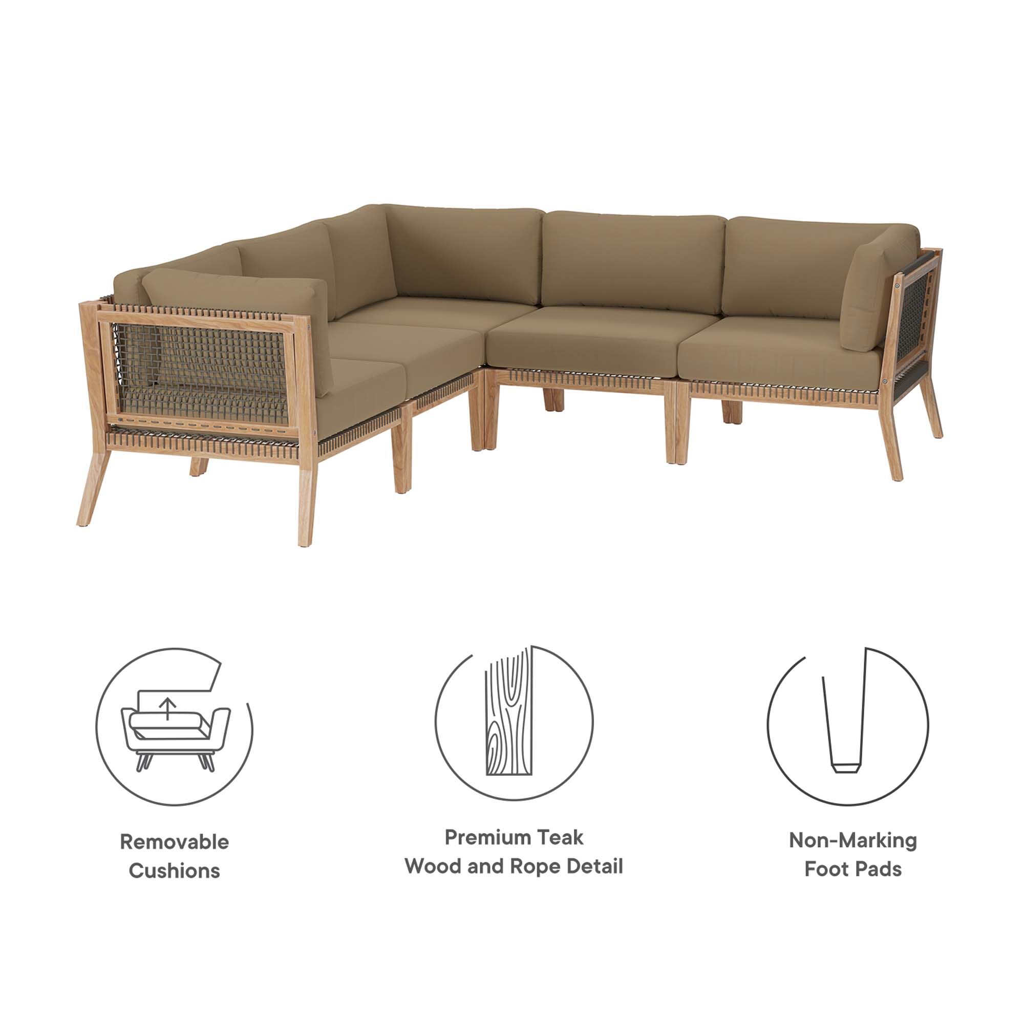 Clearwater 5-Piece Outdoor Patio Teak Wood Sectional Sofa by Modway - Image 2