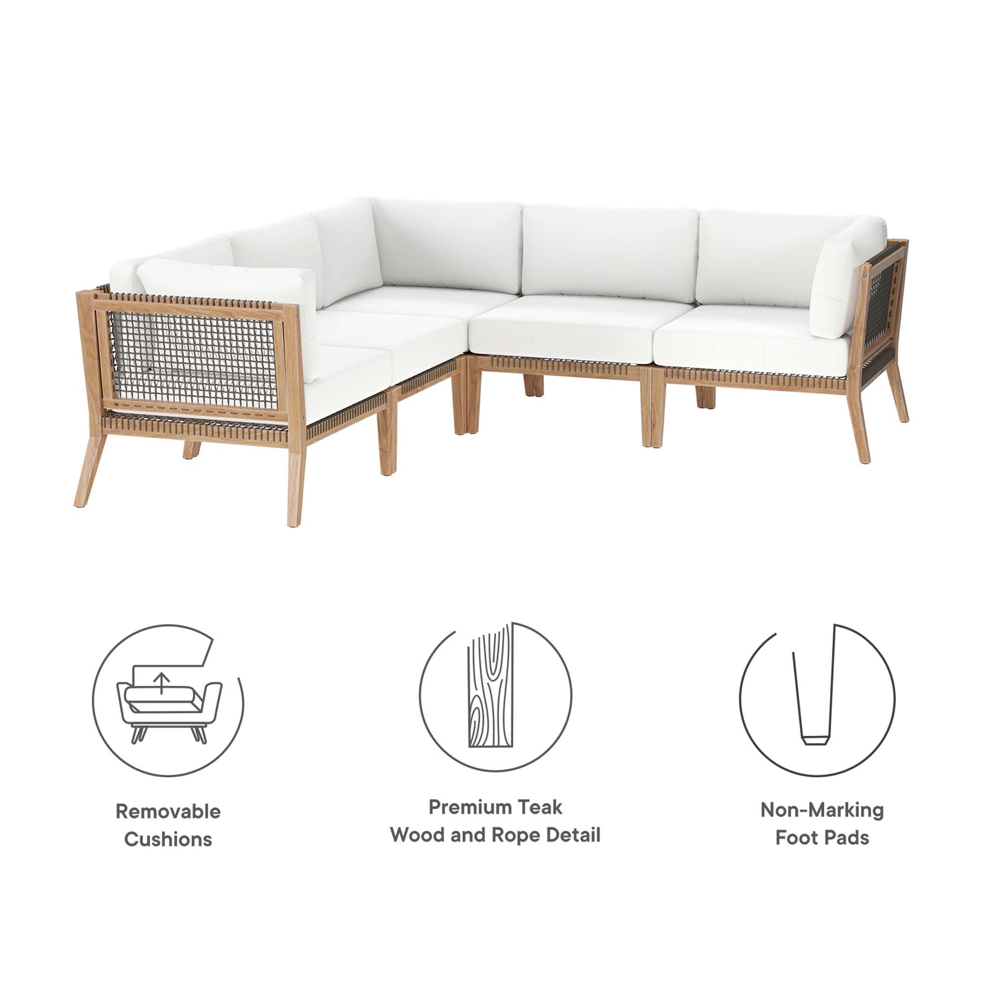 Clearwater 5-Piece Outdoor Patio Teak Wood Sectional Sofa by Modway - Image 2