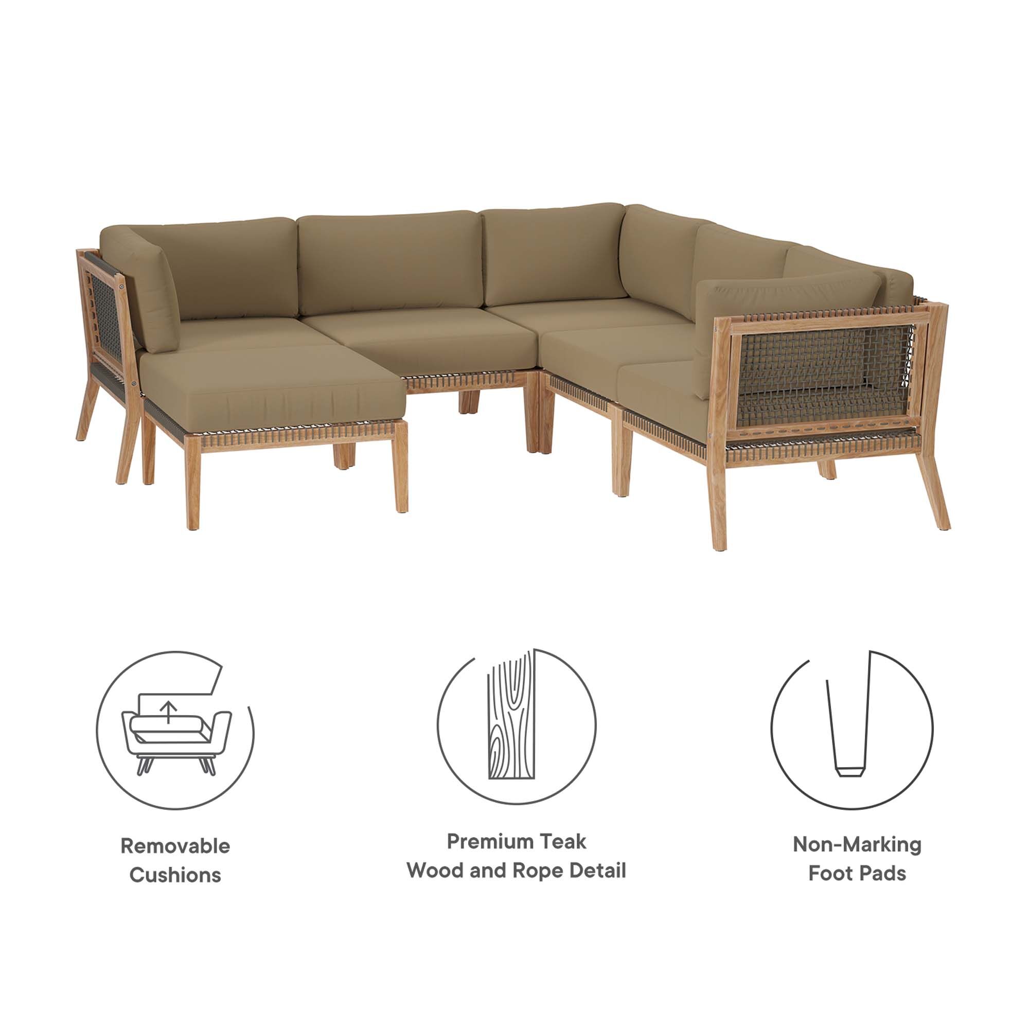 Clearwater 6-Piece Outdoor Patio Teak Wood Sectional Sofa by Modway - Image 2