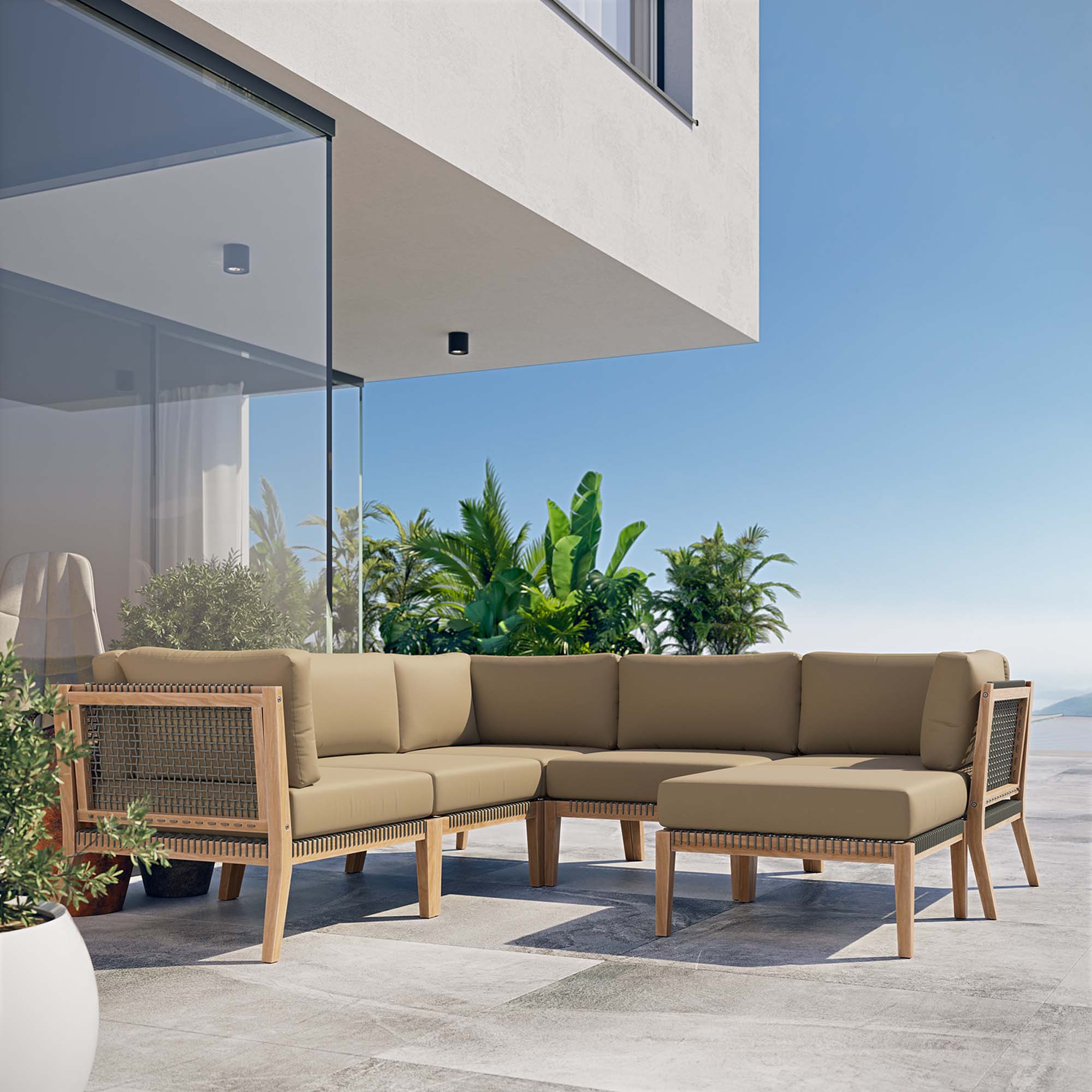 Clearwater 6-Piece Outdoor Patio Teak Wood Sectional Sofa by Modway - Image 13