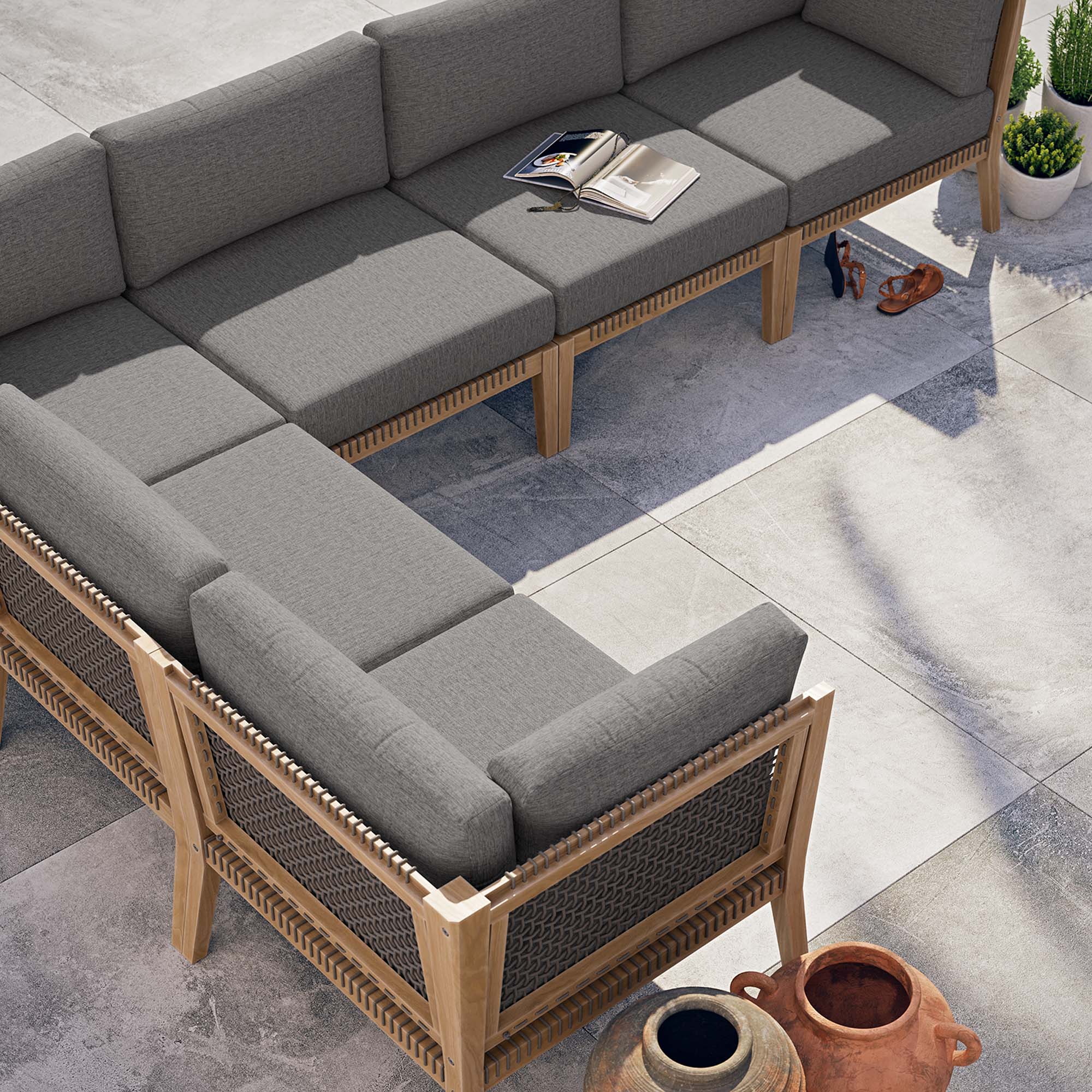 Clearwater 6-Piece Outdoor Patio Teak Wood Sectional Sofa by Modway - Image 11