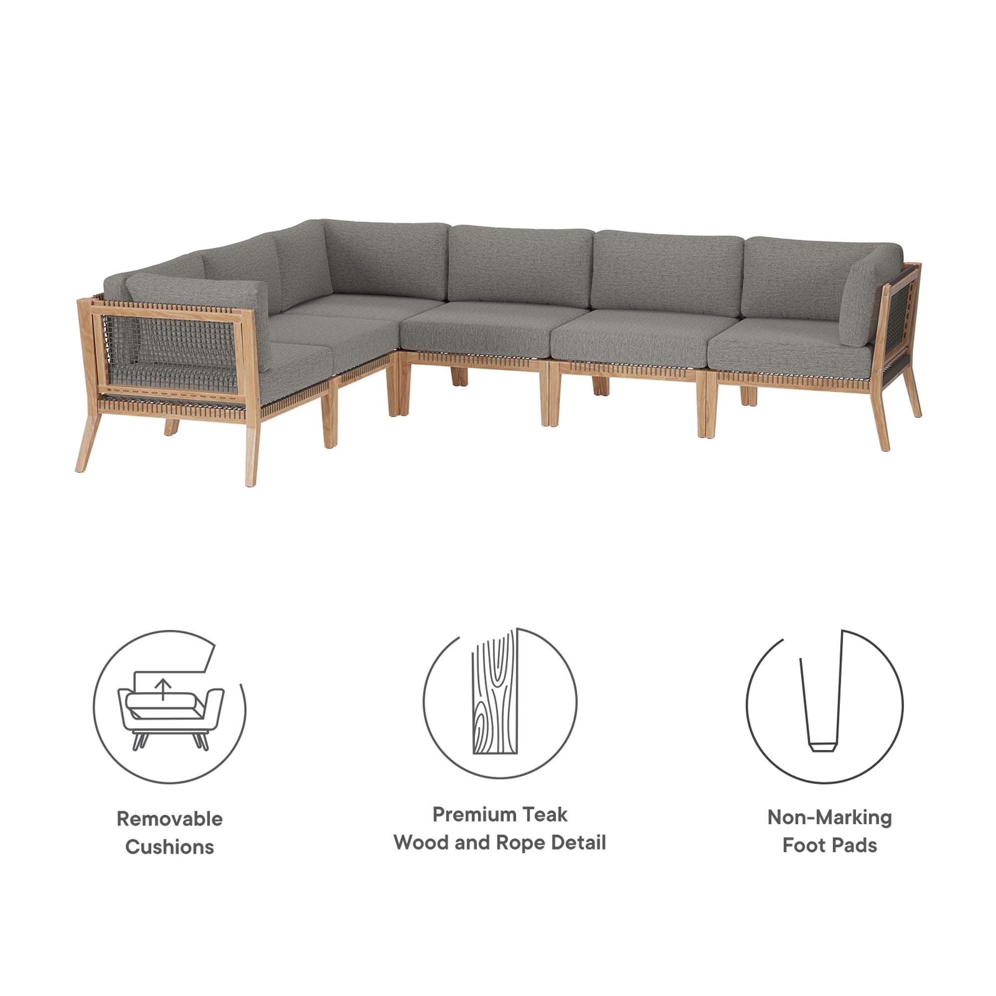 Clearwater 6-Piece Outdoor Patio Teak Wood Sectional Sofa by Modway - Image 2