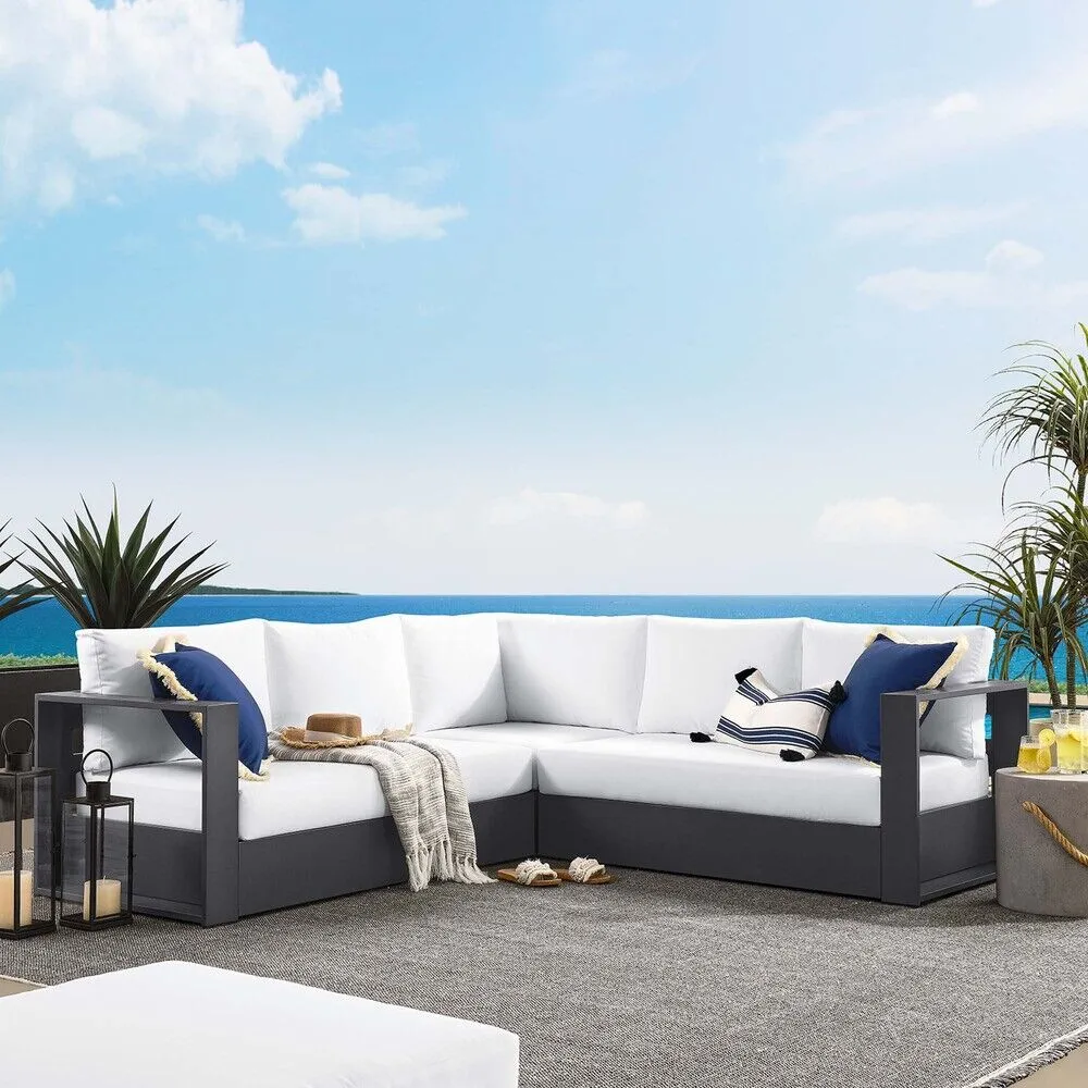 Tahoe 3-Piece Outdoor Patio Powder-Coated Aluminum Sectional Sofa Set in Gray White by Modway - Image 7