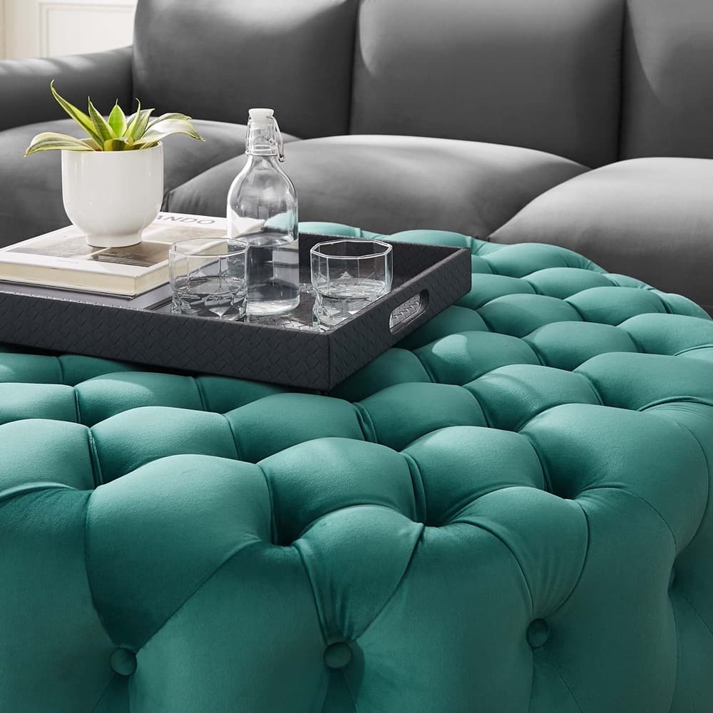Amour Tufted Button Large Round Performance Velvet Ottoman in Teal by Modway - Image 5