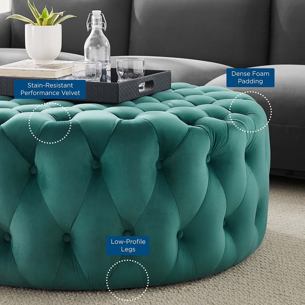 Amour Tufted Button Large Round Performance Velvet Ottoman in Teal by Modway - Image 6