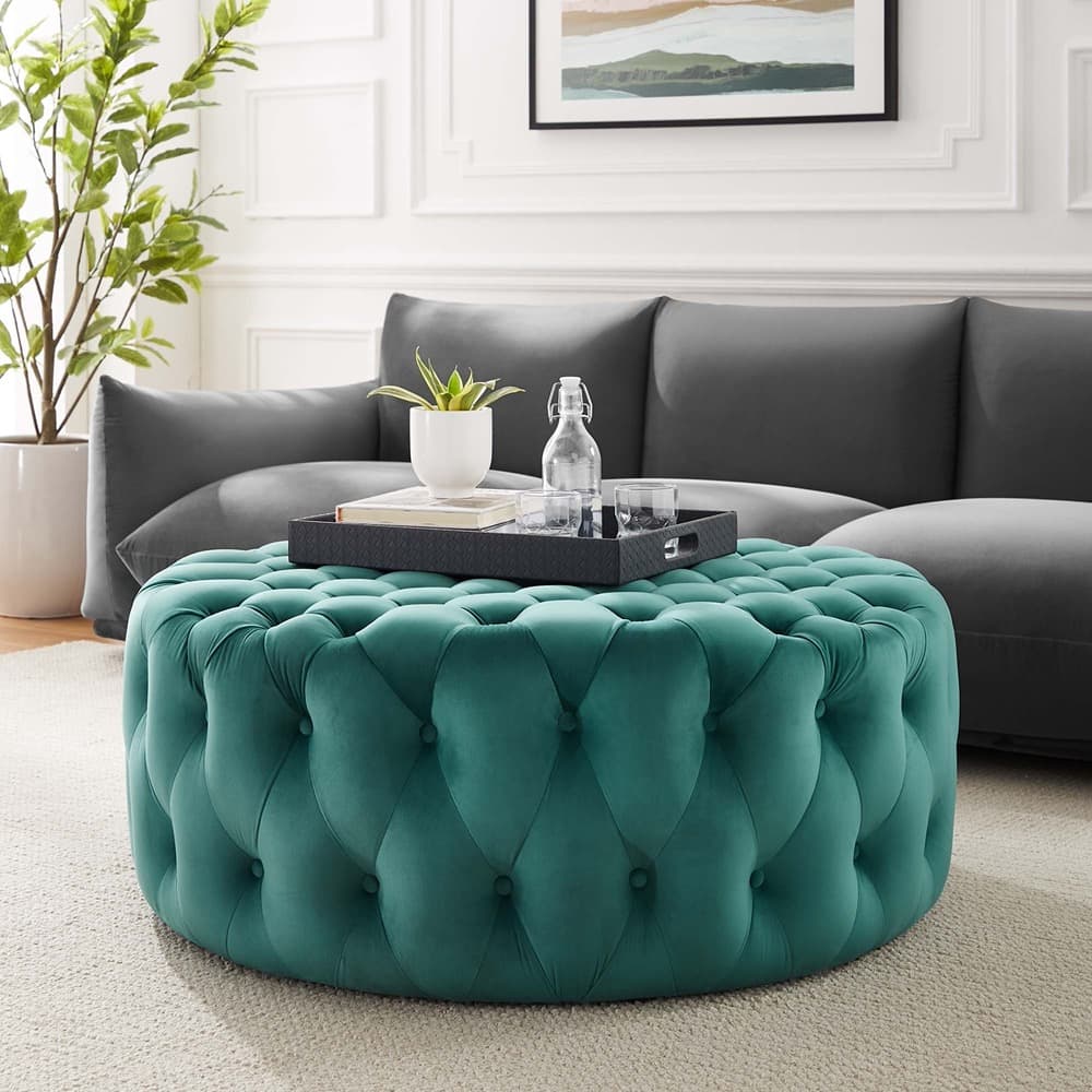 Amour Tufted Button Large Round Performance Velvet Ottoman in Teal by Modway - Image 4