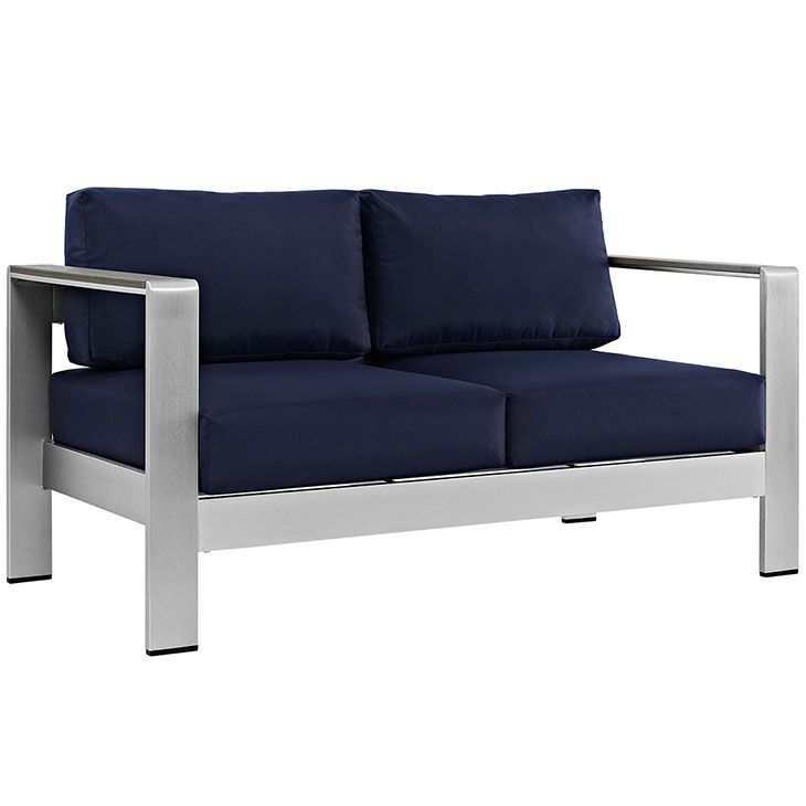 Shore Outdoor Patio Aluminum Loveseat in Silver and Navy by Modway - Image 2