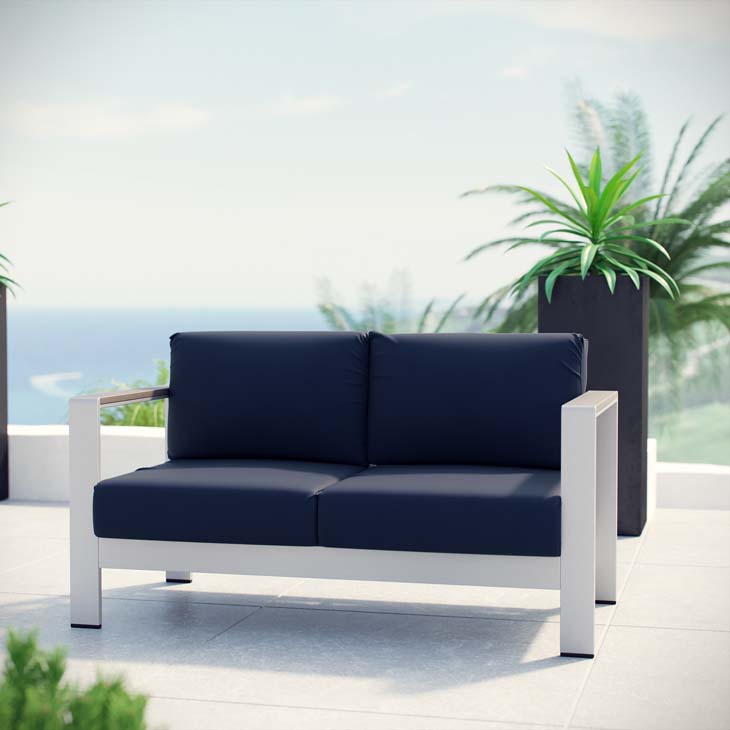 Shore Outdoor Patio Aluminum Loveseat in Silver and Navy by Modway