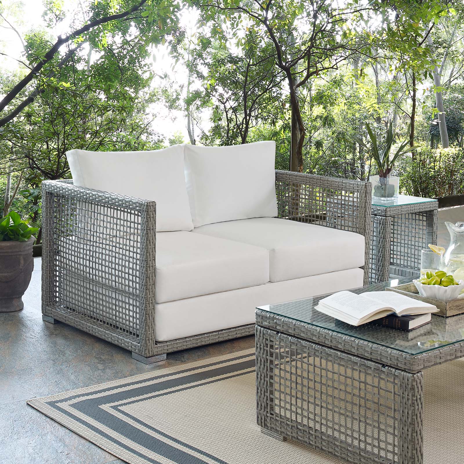 Aura Outdoor Patio Wicker Rattan Loveseat in Gray and White by Modway