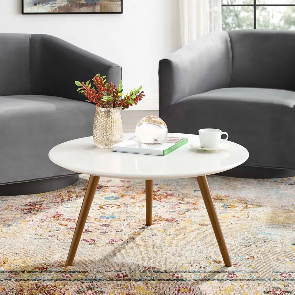 Lippa 28" Round Wood Top Coffee Table with Tripod Base in Walnut and White by Modway
