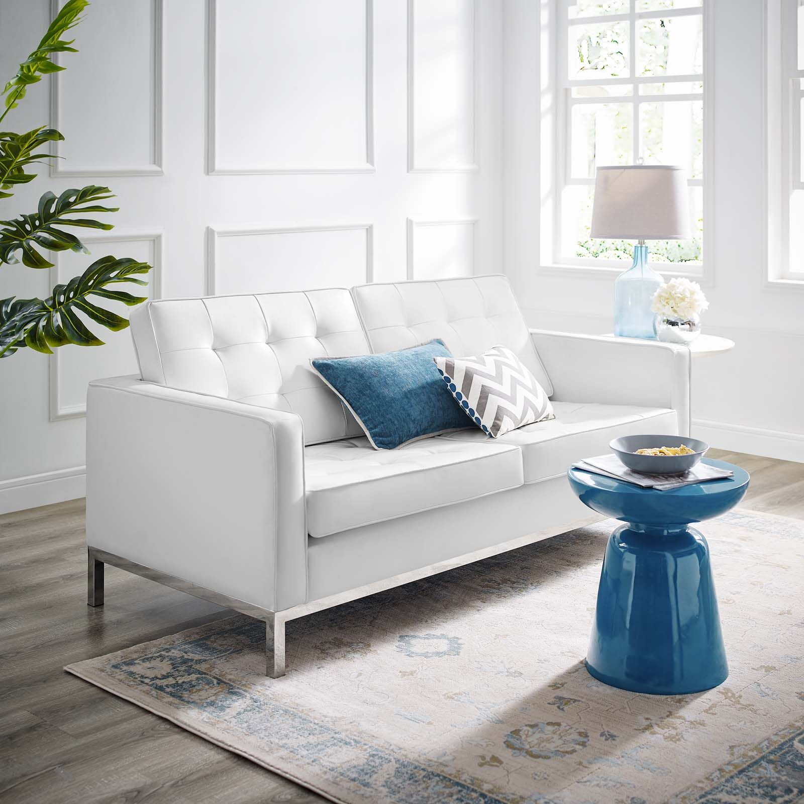 Loft Tufted Upholstered Faux Leather Loveseat in Silver and White by Modway