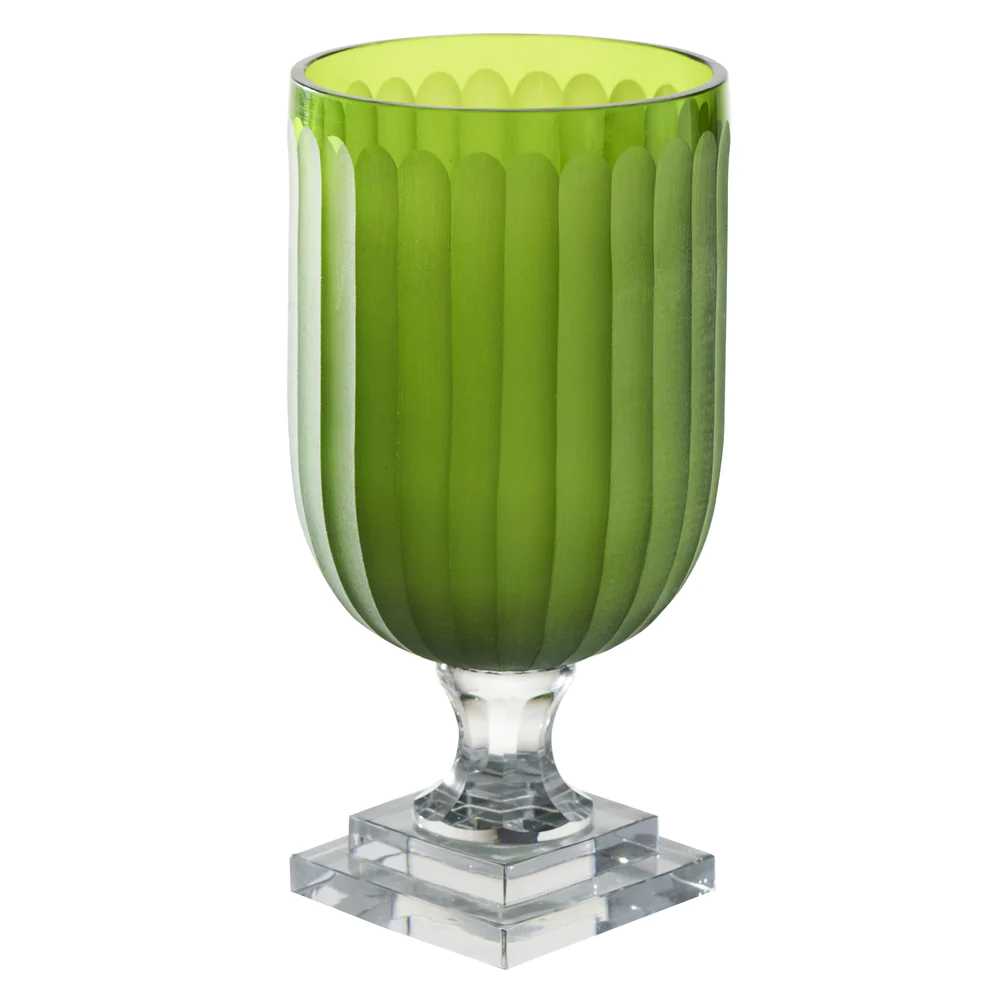 Green Glass Hurricane with Clear Base by Abigails