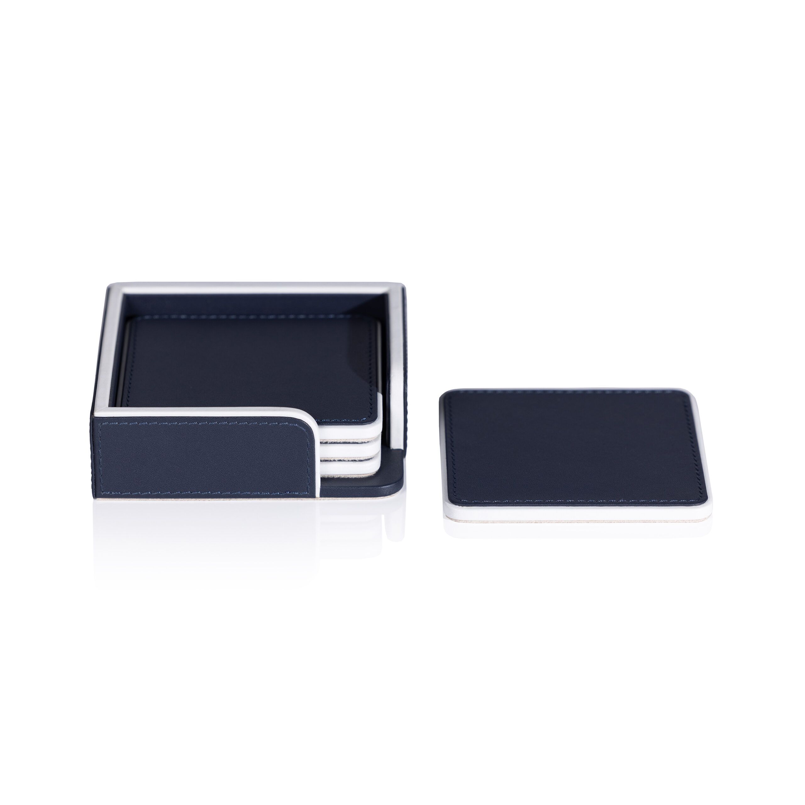 Nappa Leather 4,Piece Coaster Set on Tray, Navy & White by Zodax