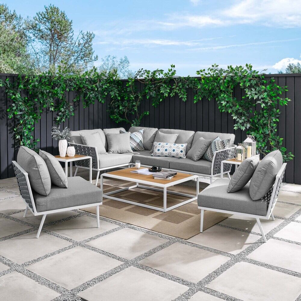 Stance 9 Piece Aluminum Outdoor Patio Aluminum Sectional Sofa Set in White Gray by Modway - Image 17