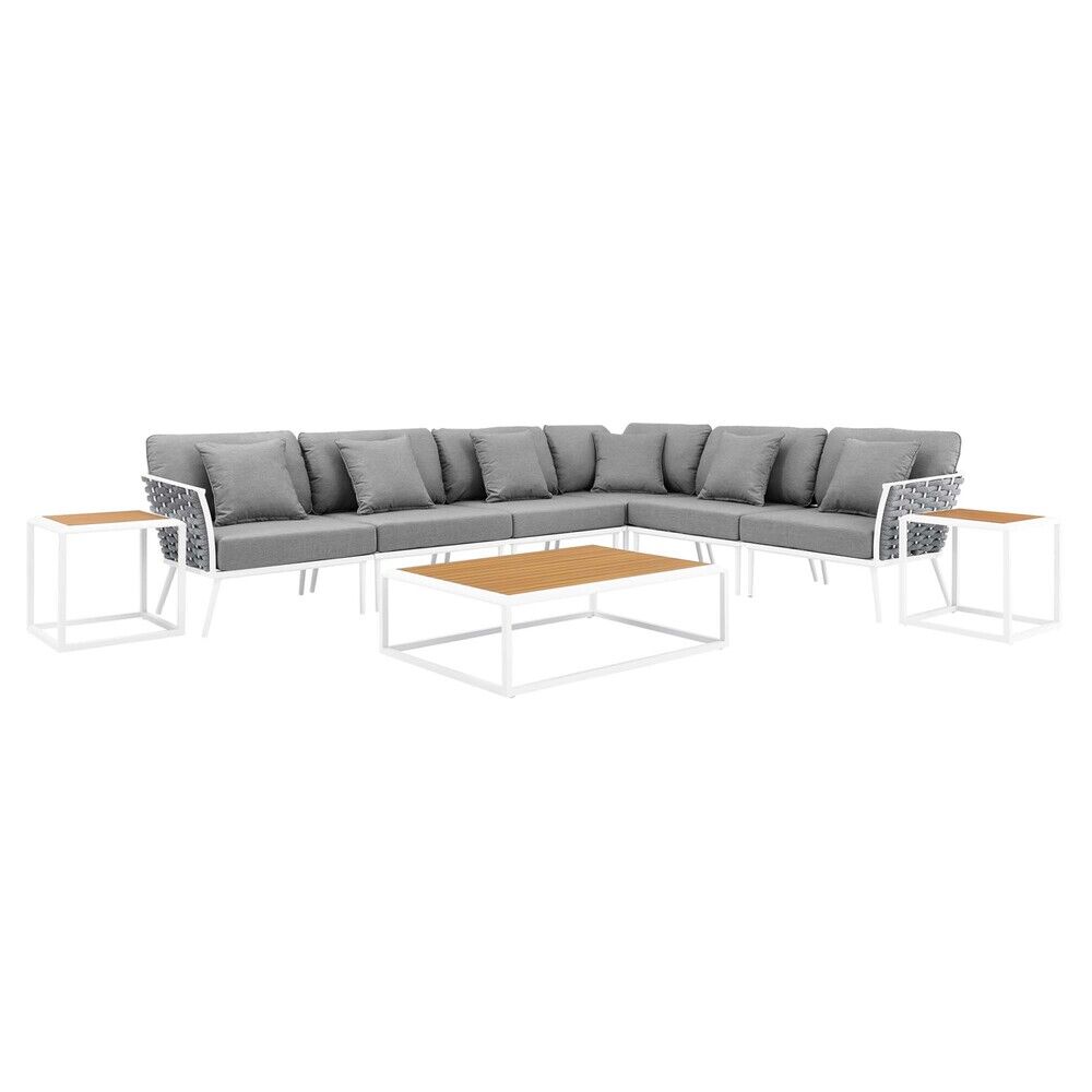 Stance 9 Piece Aluminum Outdoor Patio Aluminum Sectional Sofa Set in White Gray by Modway
