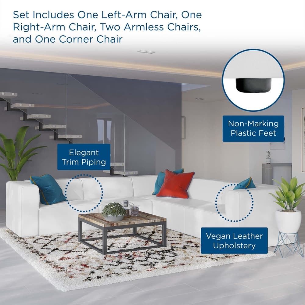Mingle 5-Piece Vegan Leather Sectional Sofa in White by Modway - Image 14