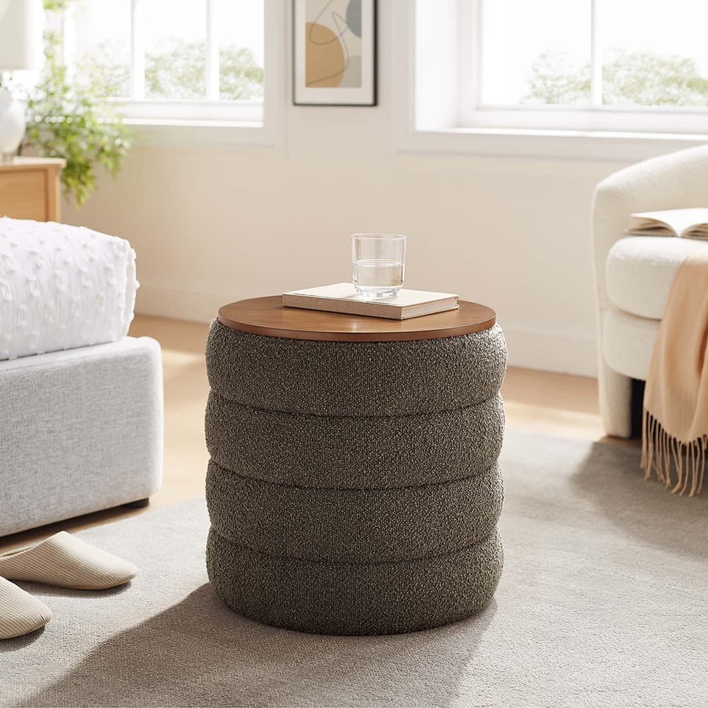 Mezzo Round Boucle Fabric Storage Ottoman in Pebble by Modway - Image 7