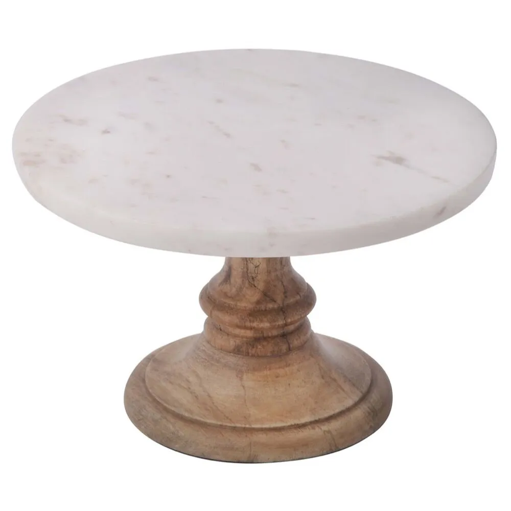 BIDKhome Marble Cake Plate with Mango Wood Stand - Thumbnail 2