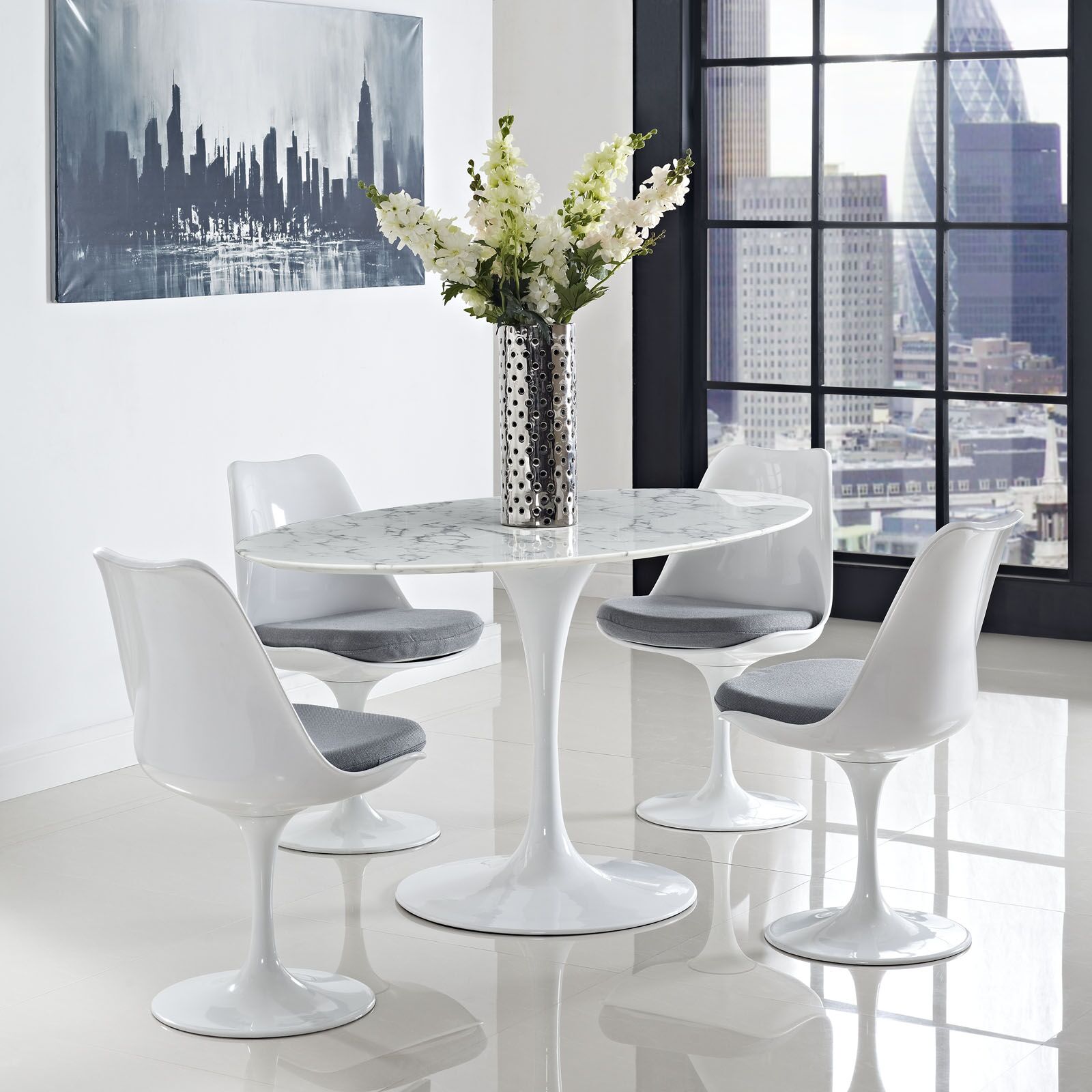Lippa 60" Oval Artificial Marble Dining Table in White by Modway - Image 2