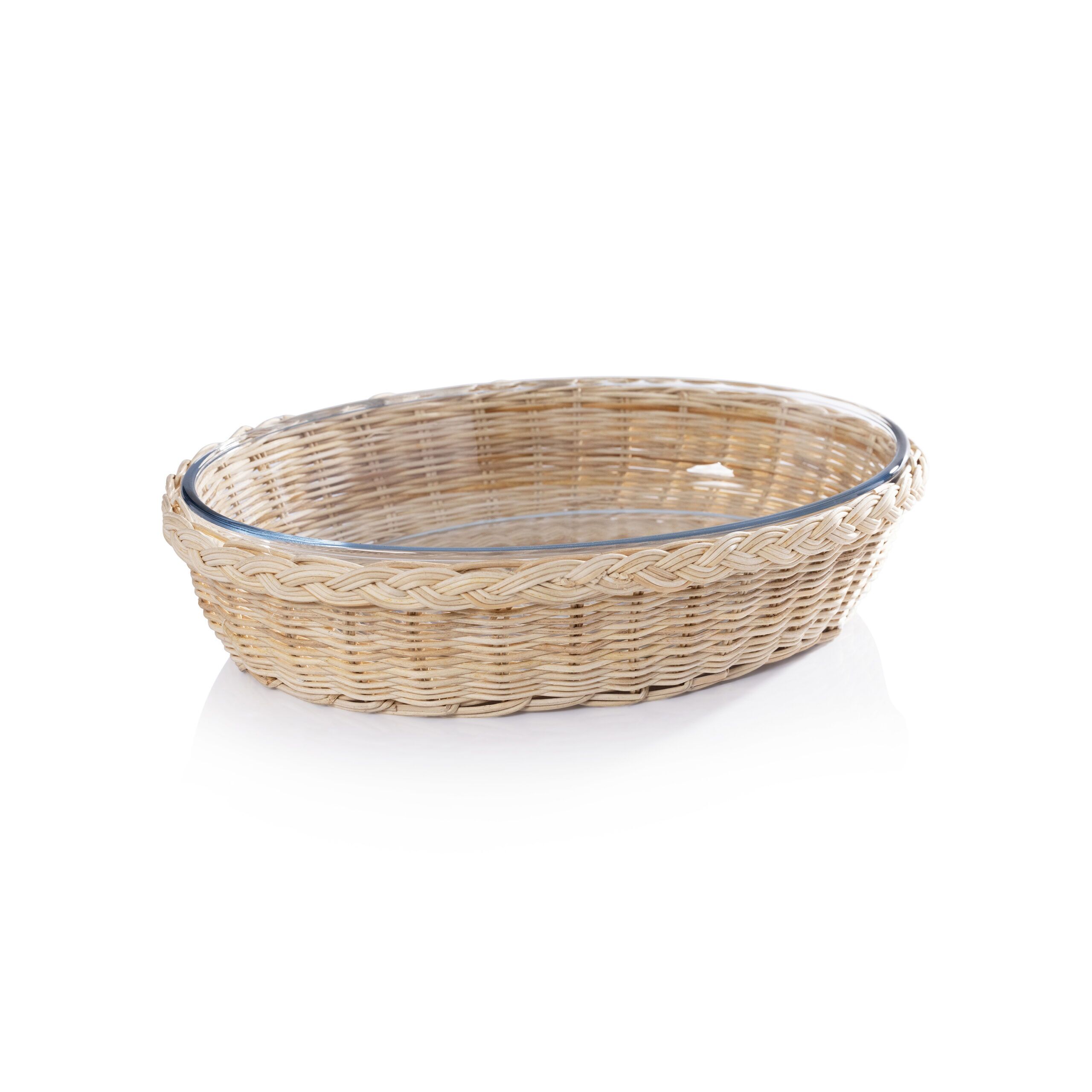 The Palmier Oval Pyrex in Rattan Basket, 14.5" x 10.25" x 3.25" by Zodax