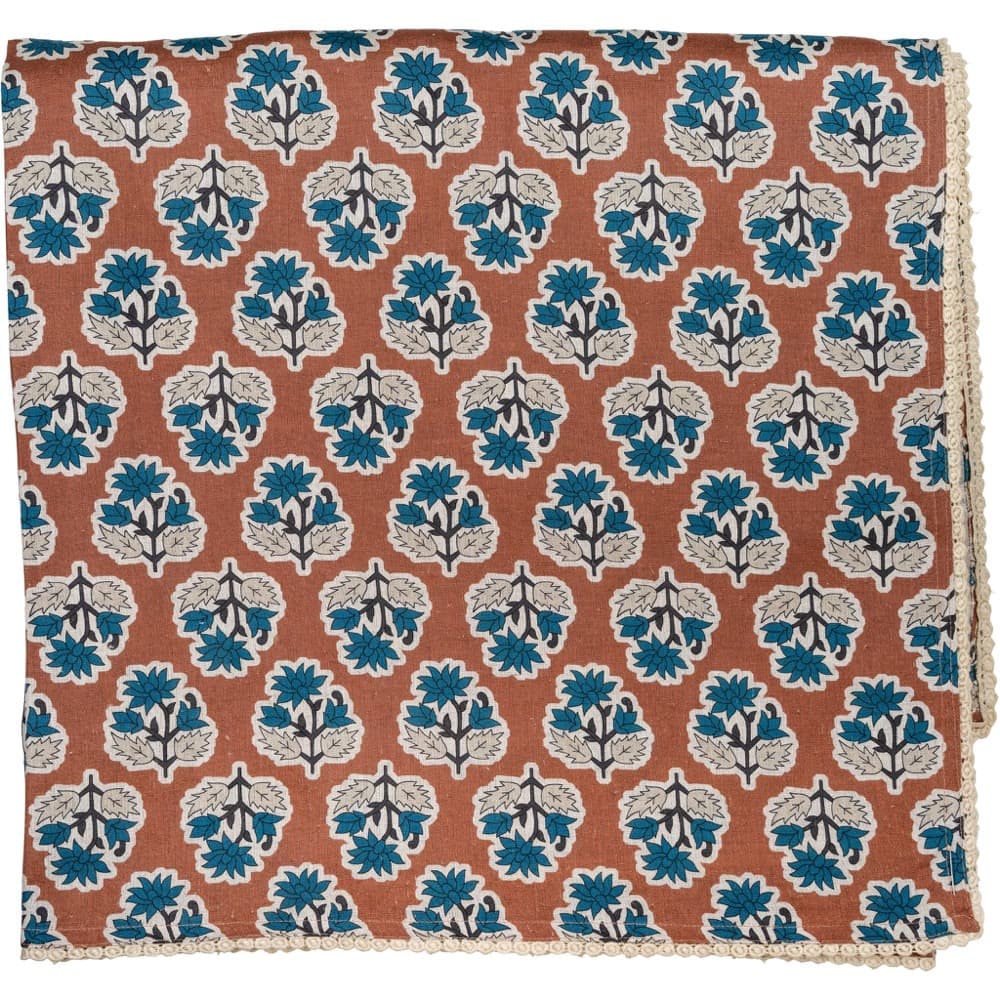Cinnamon Brown with Blue Flowers Tablecloth with Floral Lace Edge by Abigails