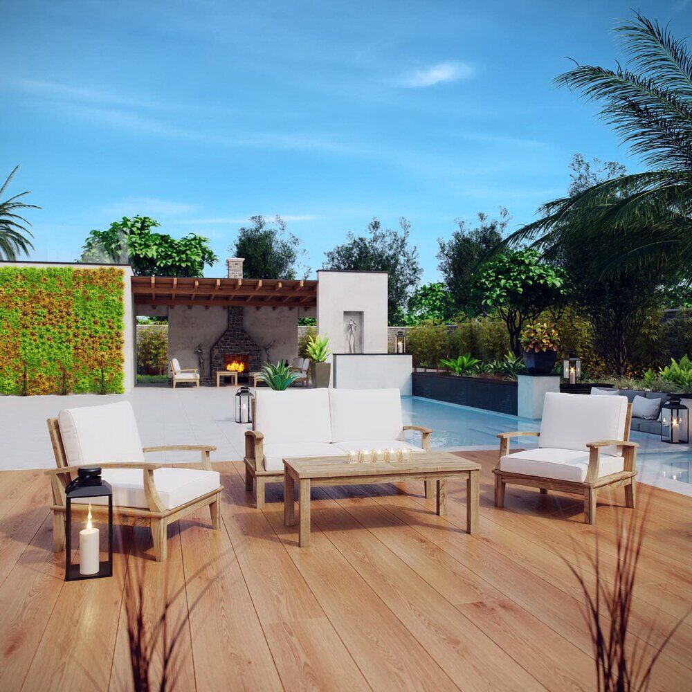 Marina 4 Piece Outdoor Patio Teak Set in Natural White by Modway - Image 7