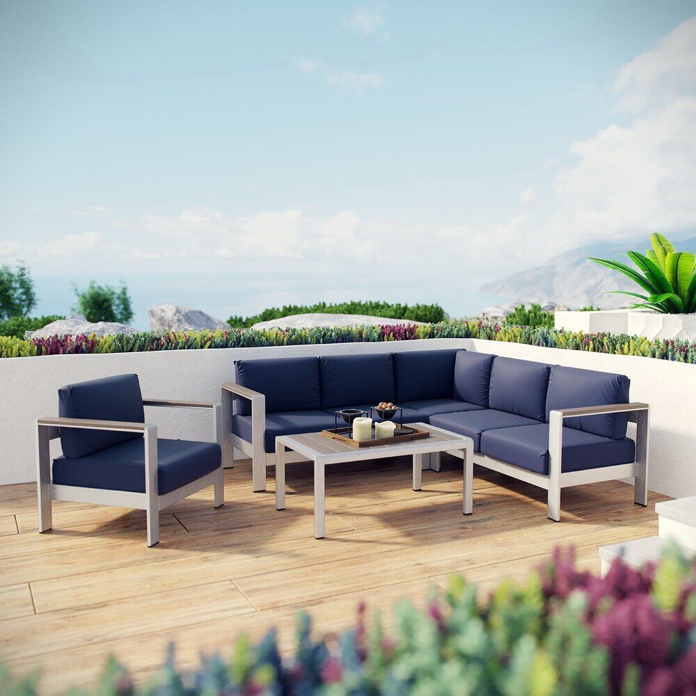 Shore 5 Piece Outdoor Patio Aluminum Sectional Sofa Set in Silver Navy by Modway - Image 7